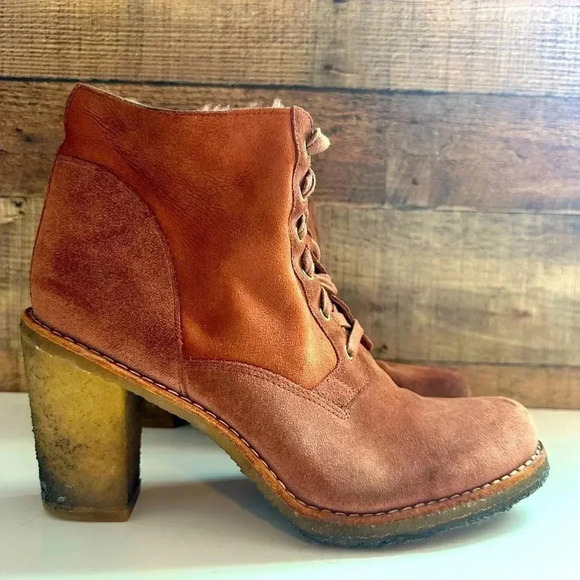 Ugg Australia Sophia Cinnamon Suede Leather Lace Up Heeled Ankle Boots - Picture 2 of 6